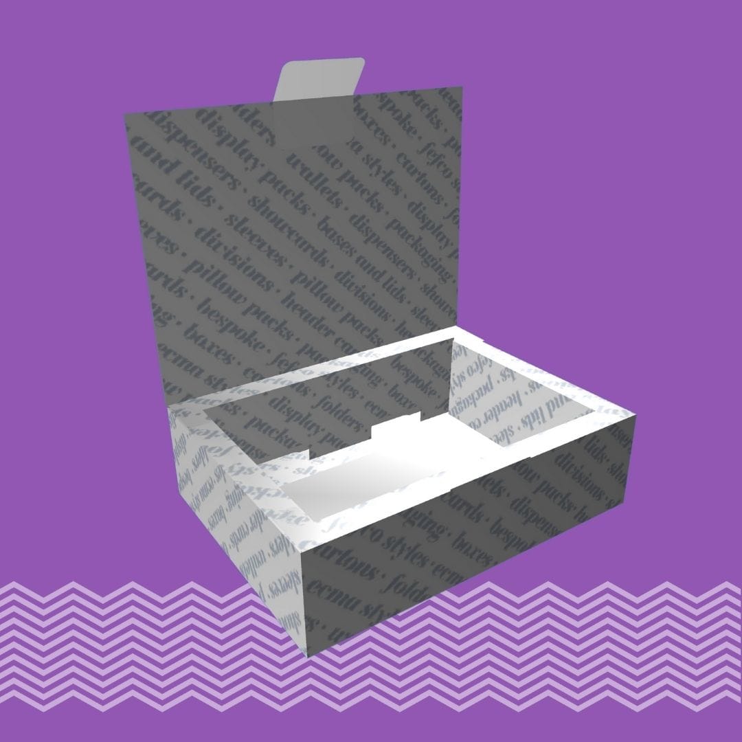 Cardboard carton packaging printer and Cardboard carton manufacturer. Cartons with lids BUFFERED TRAY WITH HINGED LID. Tams Packaging.