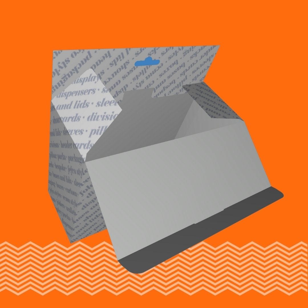 Cardboard carton packaging printer and Cardboard carton packaging manufacturer. Cartons with headers ENVELOPE BASE WITH HEADER. Tams Packaging.